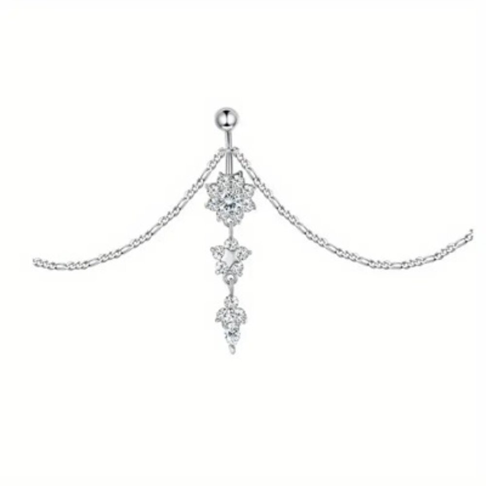 Navel Waist Body Chain Silver Flower Cluster Clear Crystals ~ NBC-6005